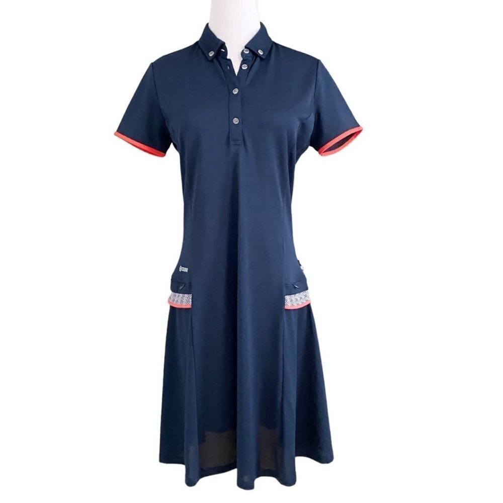 COLMAR NAVY ORANGE TRIM SHORT SLEEVE BLACK WHITE ARGYLE POCKET DETAIL DRESS - 8